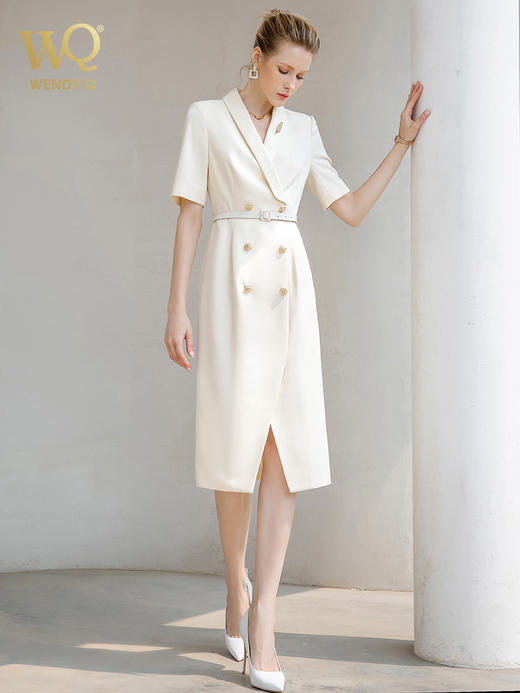 夏季高端时尚OL通勤高腰双排扣杏色连衣裙女主持人职业装西装裙 商品图2