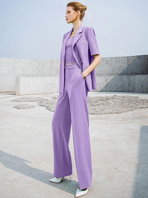 夏季紫色短袖西装套装女直筒微喇裤子时尚气质西服洋气休闲外套 商品图3