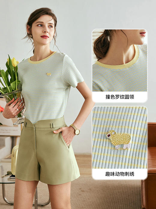 OLrain欧芮儿法式条纹短袖T恤女夏季2023新款肌理感撞色圆领上衣 商品图1