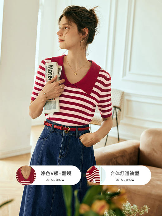 OLrain欧芮儿法式条纹冰丝针织衫女夏季2023年新款撞色翻领套头衫 商品图1