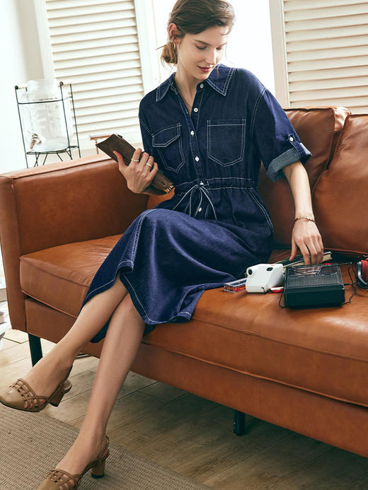 OLrain欧芮儿法式衬衫式牛仔连衣裙女夏季2023新款收腰翻边休闲裙 商品图3