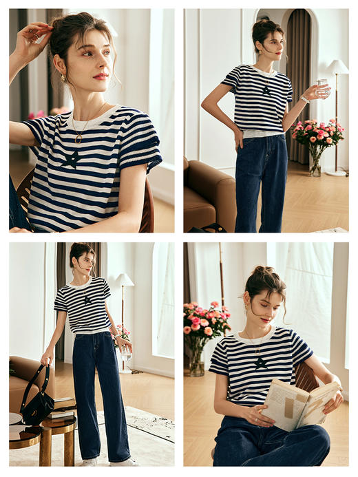 OLrain欧芮儿法式条纹针织衫女夏季2023新款飞飞袖撞色刺绣套头衫 商品图2