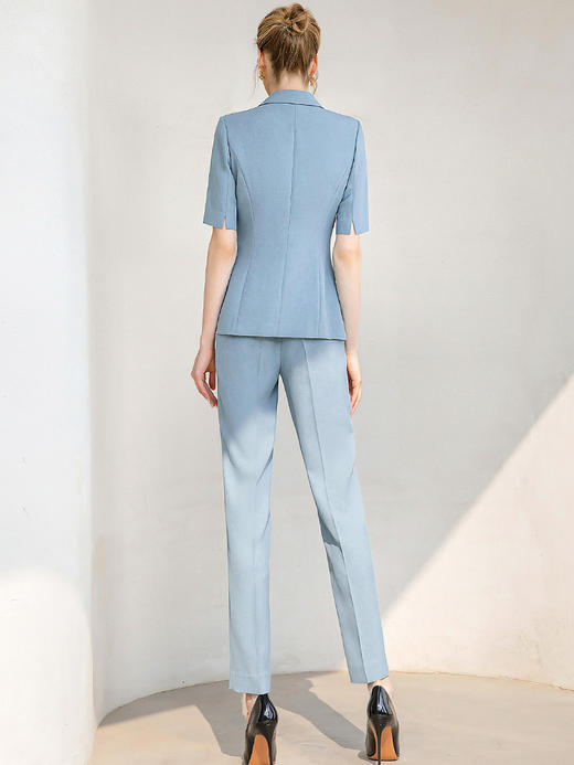 蓝色短袖西装小脚裤套装女气质正装职业装工作服夏季时尚西服套裤 商品图4