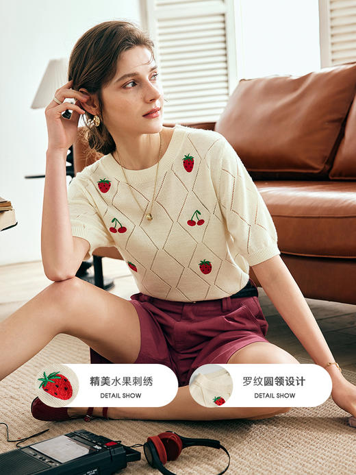 OLrain欧芮儿法式菱格提花针织衫女夏季2023年新款刺绣镂空套头衫 商品图1