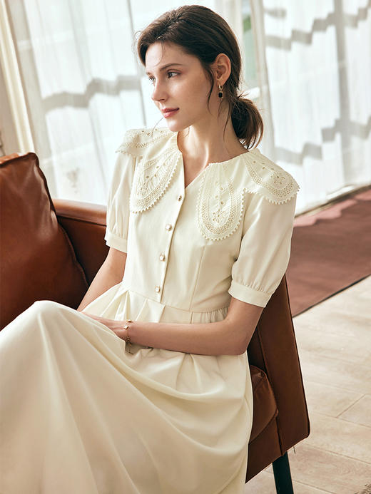 OLrain欧芮儿法式花瓣领连衣裙女夏季2023新款收腰泡泡袖A字伞裙 商品图3