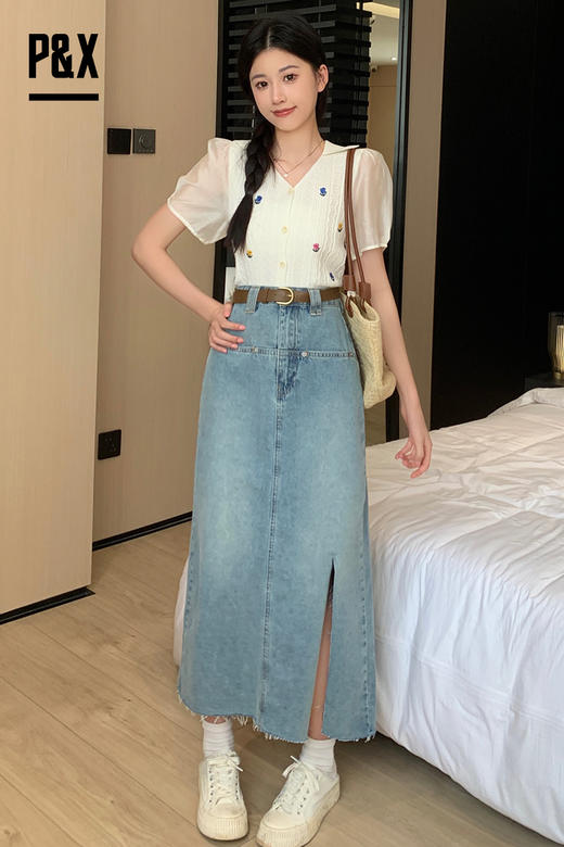 P&X设计师女装2023夏季 牛仔半身长裙 蓝色 823207666B 商品图5