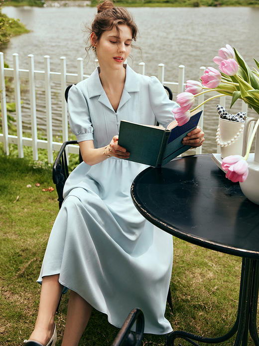 OLrain欧芮儿法式衬衫式连衣裙女夏季2023新款收腰复古泡泡袖裙子 商品图3