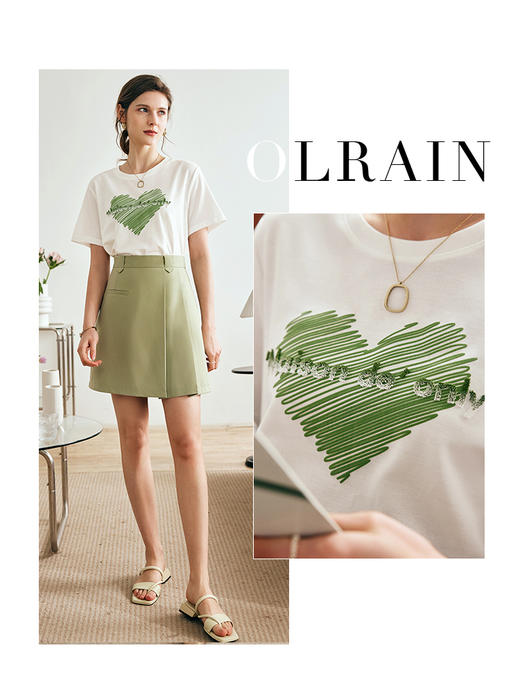 OLrain欧芮儿法式白色短袖T恤女夏季2023新款宽松爱心牙刷绣上衣 商品图0