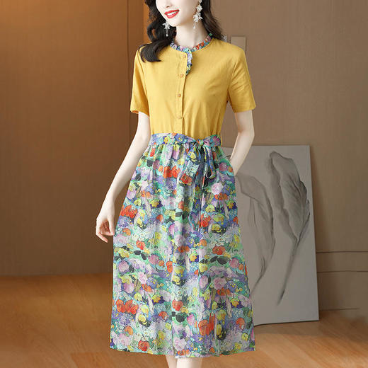 AHM-xxnz6036时尚优雅减龄木耳边裙子棉麻拼接碎花连衣裙 商品图2