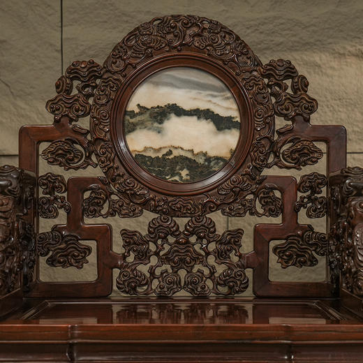 清 红木镶云石透雕灵芝纹扶手椅（一对） 商品图1