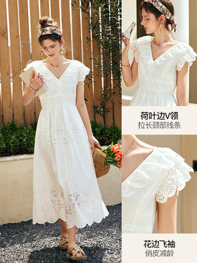 OLrain欧芮儿法式白色V领连衣裙女夏季2023新款收腰刺绣镂空A字裙