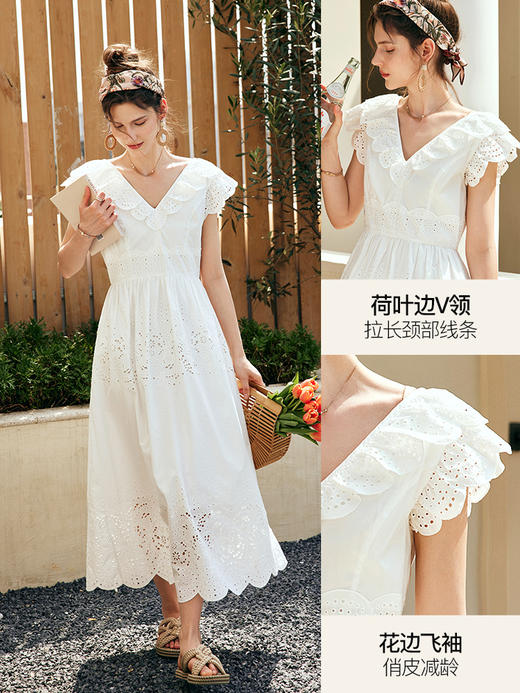 OLrain欧芮儿法式白色V领连衣裙女夏季2023新款收腰刺绣镂空A字裙 商品图0
