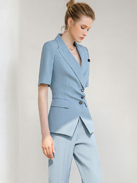 蓝色短袖西装小脚裤套装女气质正装职业装工作服夏季时尚西服套裤 商品图1