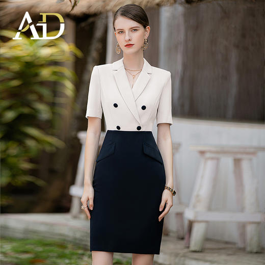 AD白色短袖西装连衣裙女夏2023接拼双排扣西服裙职场白领通勤女装 商品图1