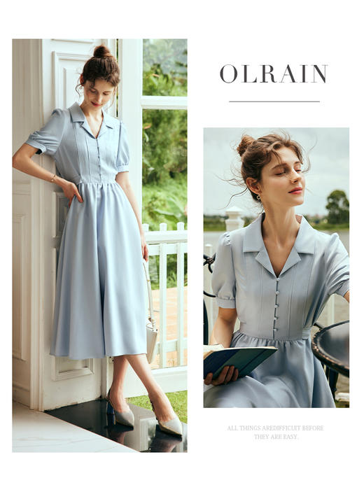 OLrain欧芮儿法式衬衫式连衣裙女夏季2023新款收腰复古泡泡袖裙子 商品图0