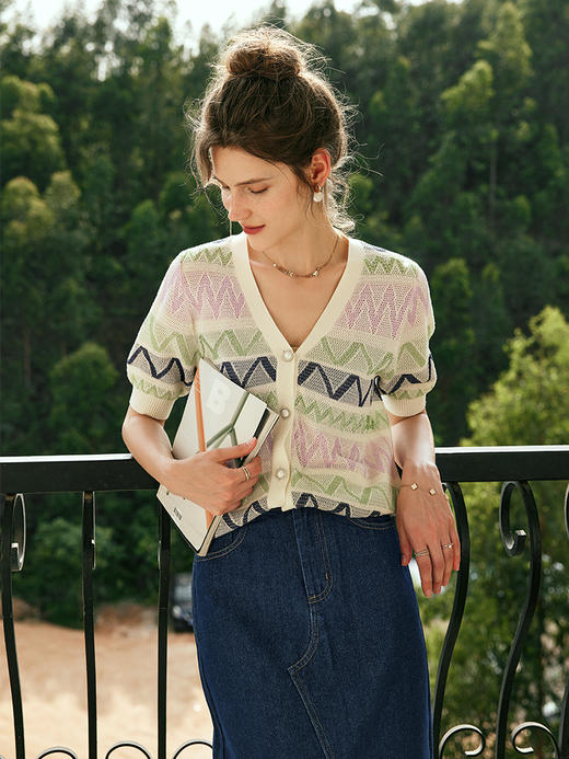 OLrain欧芮儿法式V领条纹针织开衫女夏季2023年新款撞色冰丝上衣 商品图3