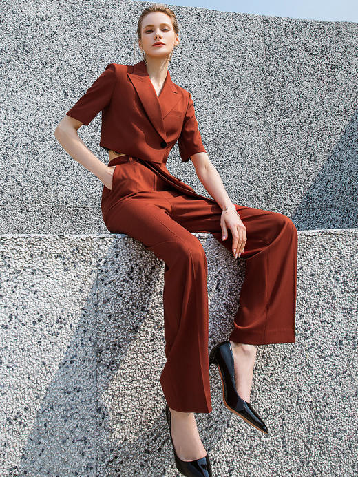 夏季新品砖红色短袖西装直筒阔腿裤套装女时尚洋气西服正装女套裤 商品图2