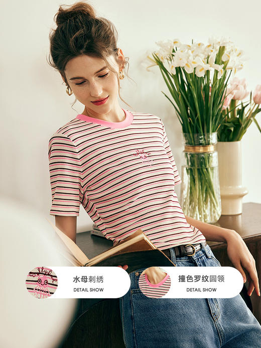 OLrain欧芮儿法式条纹短袖T恤女夏季2023年新款美式复古圆领上衣 商品图1