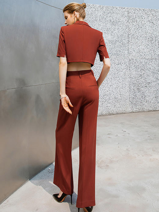 夏季新品砖红色短袖西装直筒阔腿裤套装女时尚洋气西服正装女套裤 商品图4