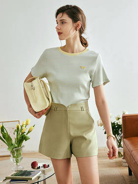 OLrain欧芮儿法式条纹短袖T恤女夏季2023新款肌理感撞色圆领上衣