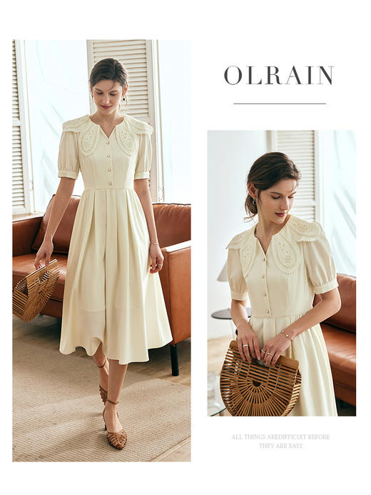 OLrain欧芮儿法式花瓣领连衣裙女夏季2023新款收腰泡泡袖A字伞裙 商品图0