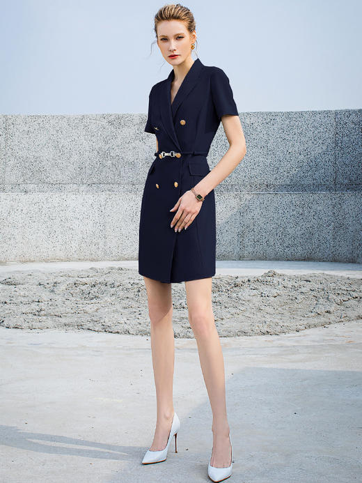 夏季新款高端OL时尚双排扣连衣裙短袖女气质主持人职业装西装裙 商品图4