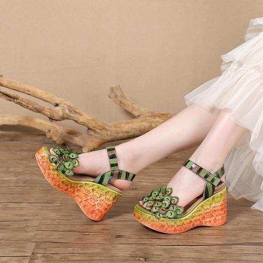 牛皮厚底花朵凉鞋，手工复古民族风鱼嘴后空女鞋BC1913-69 商品图2