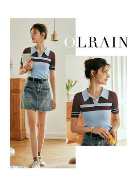 OLrain欧芮儿法式polo领针织衫女夏季2023新款修身撞色冰丝套头衫