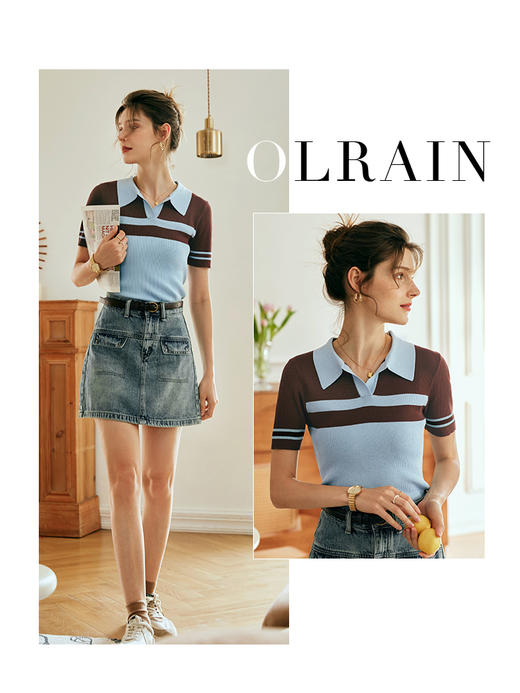 OLrain欧芮儿法式polo领针织衫女夏季2023新款修身撞色冰丝套头衫 商品图0