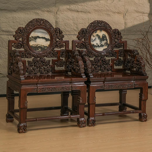 清 红木镶云石透雕灵芝纹扶手椅（一对） 商品图4