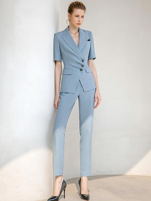 蓝色短袖西装小脚裤套装女气质正装职业装工作服夏季时尚西服套裤 商品图3