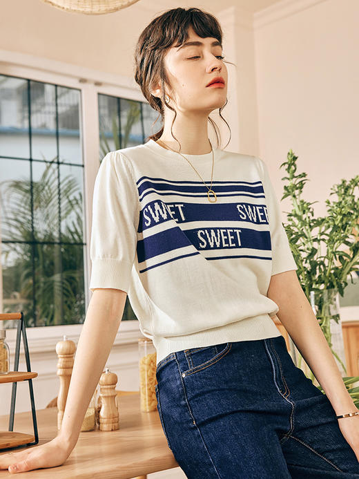OLrain欧芮儿法式白色针织衫女夏季2023年新款复古英文提花套头衫 商品图0