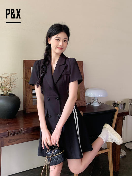 P&X设计师女装2023夏季新款 梭织连衣短裙休闲 823208855B 黑色 商品图3
