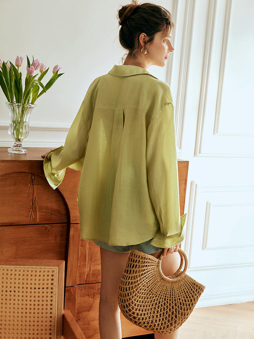 OLrain欧芮儿法式芥绿色天丝衬衫女夏季2023年新款宽松冰爽防晒衣 商品图3