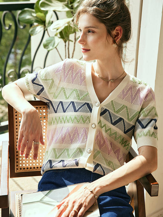 OLrain欧芮儿法式V领条纹针织开衫女夏季2023年新款撞色冰丝上衣 商品图2