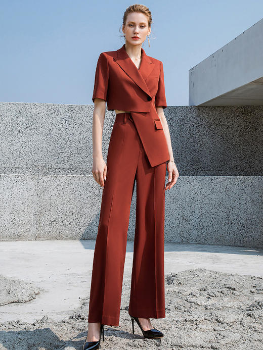 夏季新品砖红色短袖西装直筒阔腿裤套装女时尚洋气西服正装女套裤 商品图3