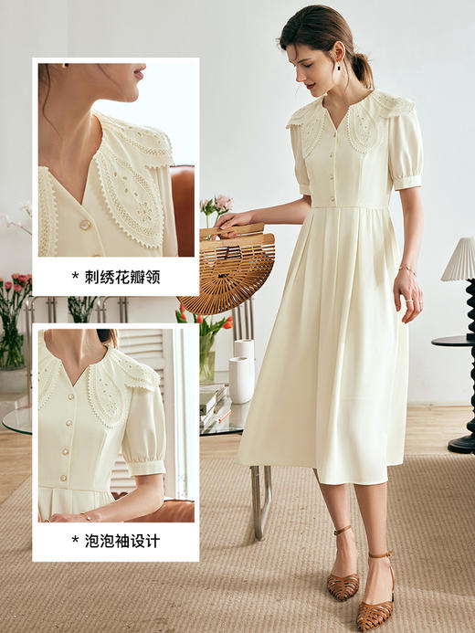 OLrain欧芮儿法式花瓣领连衣裙女夏季2023新款收腰泡泡袖A字伞裙 商品图1