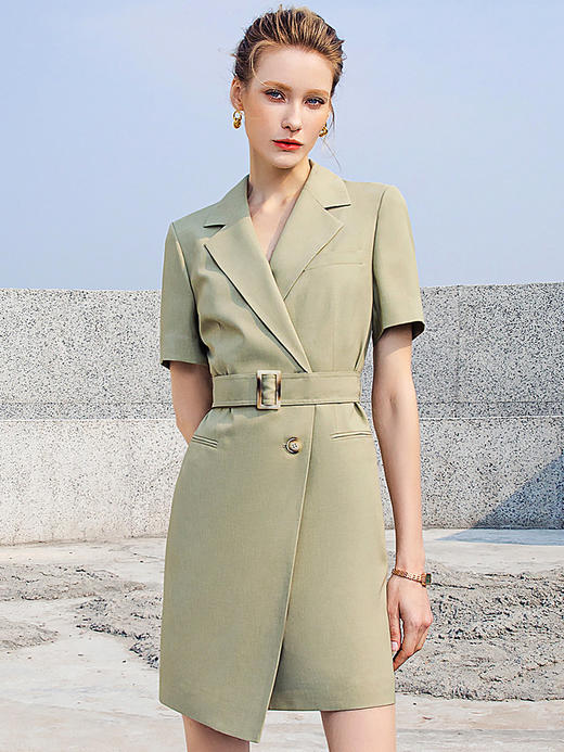 夏季新品绿色OL通勤连衣裙女短袖修身时尚职业装绑带西装裙气质 商品图0