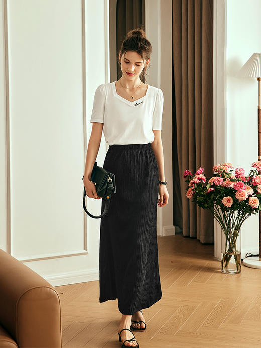 OLrain欧芮儿法式白色短袖T恤女夏季2023新款正肩显瘦翻方领上衣 商品图3