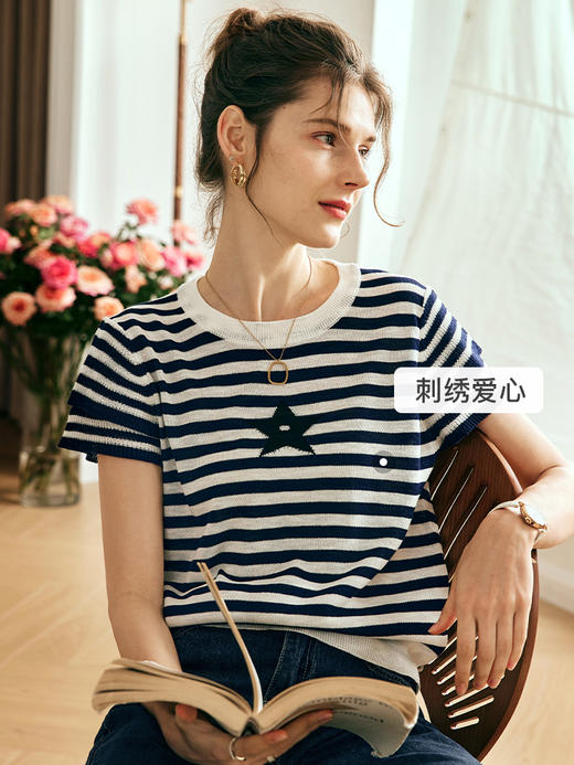 OLrain欧芮儿法式条纹针织衫女夏季2023新款飞飞袖撞色刺绣套头衫 商品图1