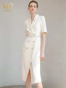 夏季高端时尚OL通勤高腰双排扣杏色连衣裙女主持人职业装西装裙