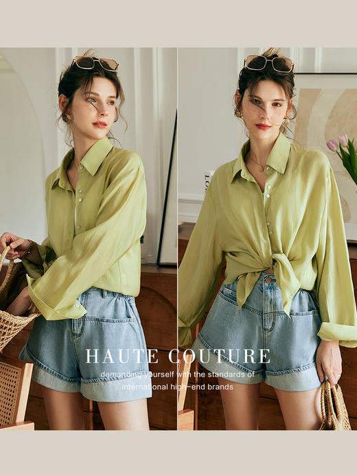 OLrain欧芮儿法式芥绿色天丝衬衫女夏季2023年新款宽松冰爽防晒衣 商品图2