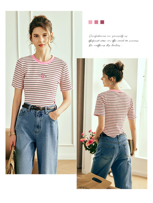 OLrain欧芮儿法式条纹短袖T恤女夏季2023年新款美式复古圆领上衣 商品图2