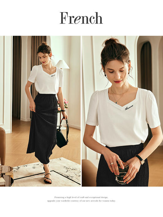 OLrain欧芮儿法式白色短袖T恤女夏季2023新款正肩显瘦翻方领上衣 商品图1