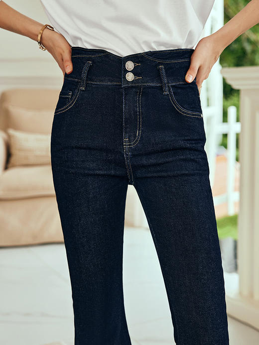 OLrain欧芮儿法式藏蓝色牛仔裤女夏季2023新款高腰开叉九分喇叭裤 商品图2