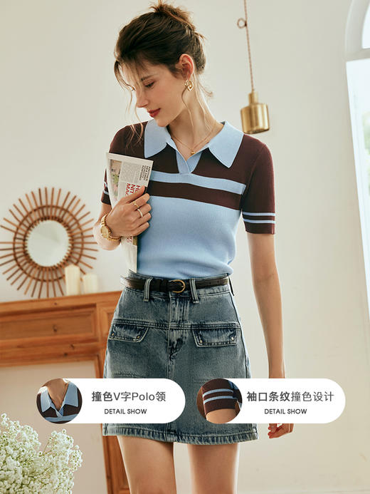OLrain欧芮儿法式polo领针织衫女夏季2023新款修身撞色冰丝套头衫 商品图1