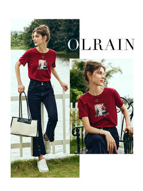 OLrain欧芮儿法式红色短袖T恤女夏季2023新款宽松小橘猫印花上衣