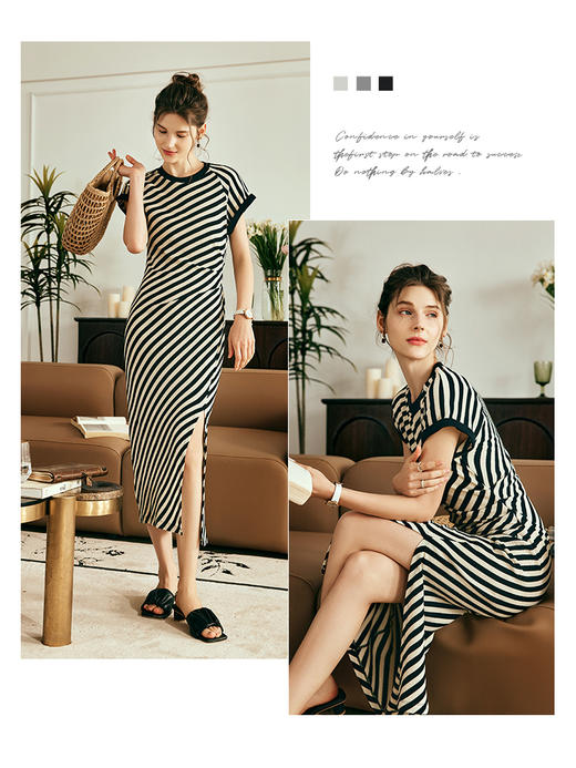 OLrain欧芮儿法式条纹针织连衣裙女夏季2023年新款修身显瘦中长裙 商品图2