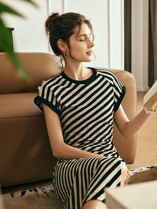 OLrain欧芮儿法式条纹针织连衣裙女夏季2023年新款修身显瘦中长裙 商品图1