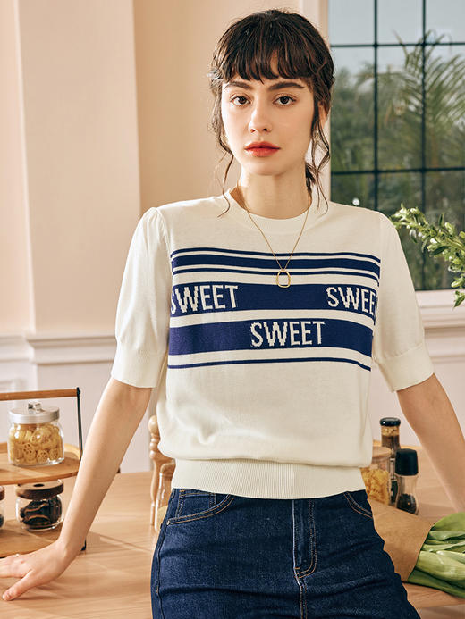 OLrain欧芮儿法式白色针织衫女夏季2023年新款复古英文提花套头衫 商品图2